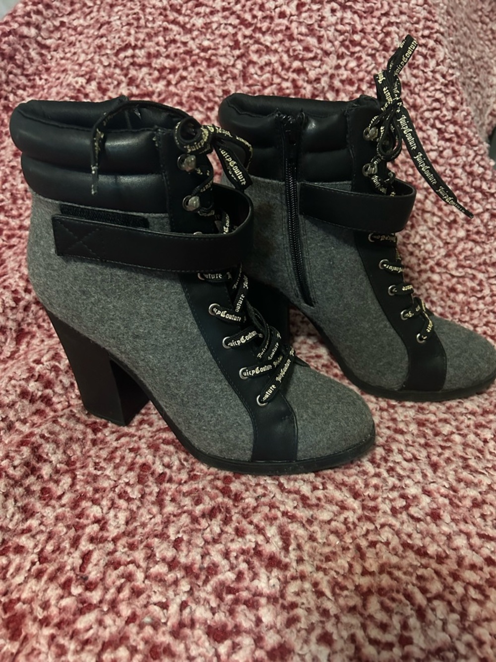 Juicy Couture Gray and Black Lace-Up Block Heel Ankle Boots